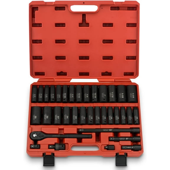 NEIKO 02446A 1/2" Impact Socket Set, 35 Piece, Deep Socket Kit Assortment, Standard SAE (3/8”-1-1/4”) and Metric MM (10-32mm) Sizes, Includes Ratchet Handle and Impact Extension Bars