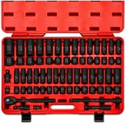 NEIKO 02448A 1/2" Drive Master Impact Socket Set, 65 Piece, Standard SAE 3/8"-1-1/4" & Metric 10-24 mm Sizes, Deep & Shallow Kit, Includes Adapters & Ratchet Handle
