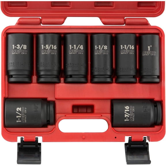 NEIKO 02461A 3/4 Inch Drive Impact Socket Set, SAE 1” to 1-1/2”, 8 PC, Deep/Jumbo Sockets, Chrome Vanadium Cr-V