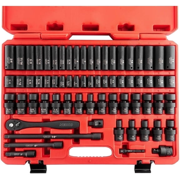 NEIKO 02471A Impact Socket Set, 3/8” Drive, 67 Piece, Metric and Standard Master Socket Set with Shallow & Deep Sockets, Ratchet, Swivel Sockets, Extension Bars, Adapters, Cr-V & Cr-Mo