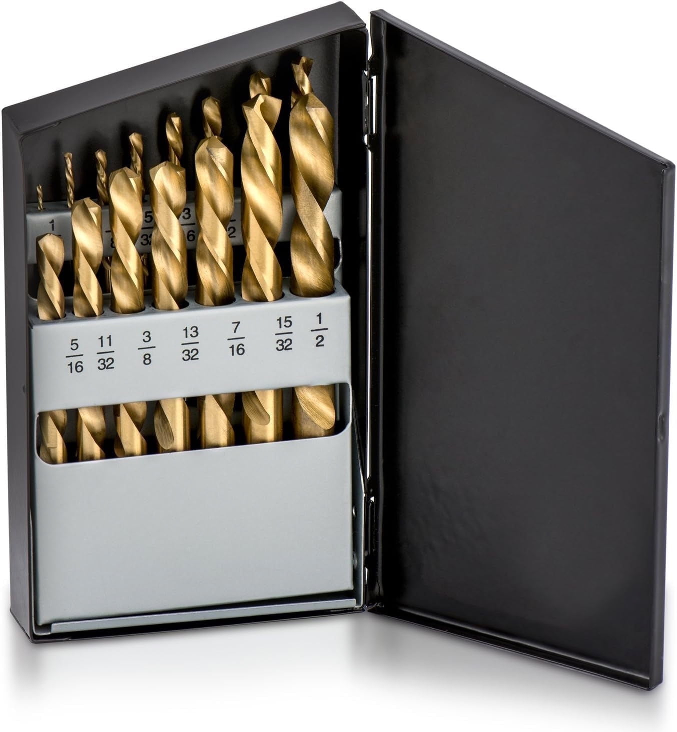 NEIKO 10037A Left-Hand Drill-Bit Set, High-Speed Steel Drills with Titanium Nitride Coating, Reverse-Twist Drill Bits, SAE Sizes, 15-Piece Set