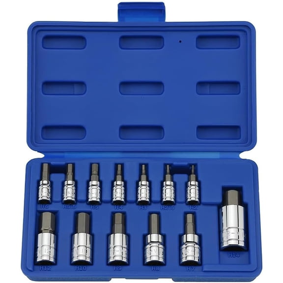 NEIKO 10074A Metric Hex Bit Socket Set | 13-Piece Set | S2 and Cr-V Steel | 1/4-Inch, 3/8-Inch and 1/2-Inch Drive | 2mm to 14mm