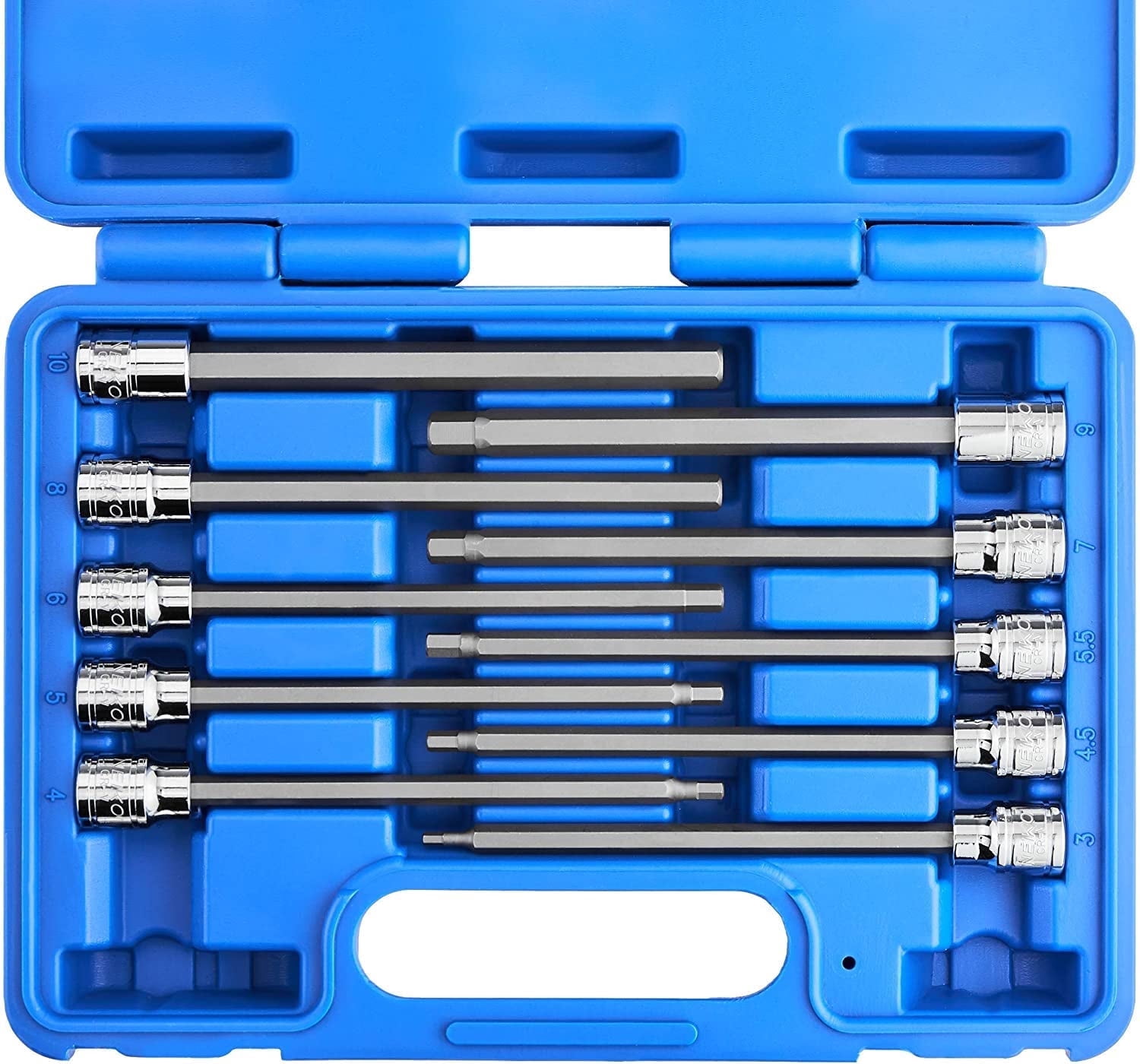 NEIKO 10077A 3/8” Drive Metric Extra Long Allen Hex Bit Socket Set | 10 Pieces | Sizes 3mm – 10mm | Shaft Length 6” | Premium S2 Steel Bits | Heavy Duty Cr-V Sockets | Exceeds ANSI Standards