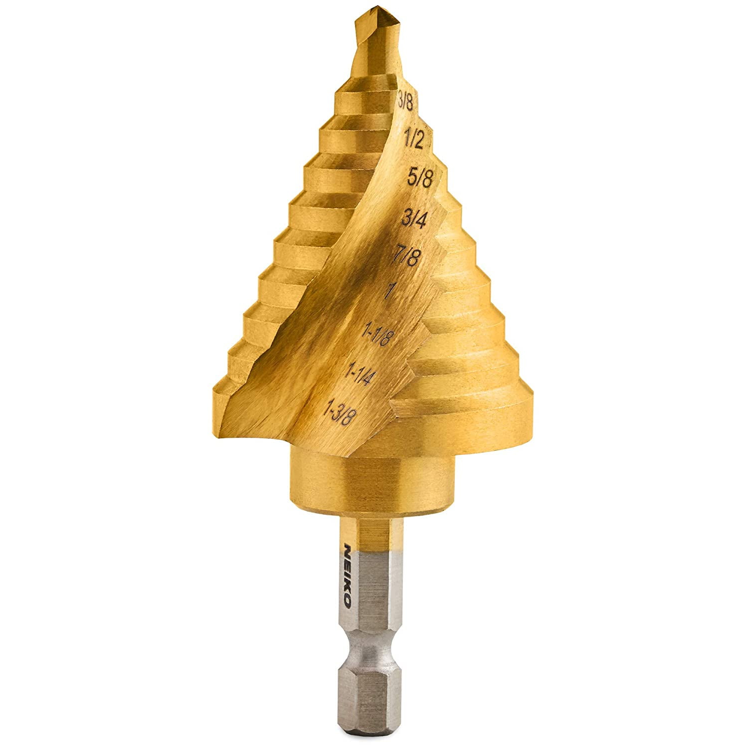 NEIKO 10174A Quick Change Spiral Grooved Step Drill Bit | 10 Step Drill Bit Sizes in One - 1/4" to 1-3/8" | High-Speed Steel and Titanium Nitride Coating | Two-Flute Design