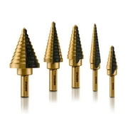 NEIKO 10197A Step Drill Bit Set, 5 Pc Step Bit for Metal, 50 SAE Sizes Total, 1/8    1-3/8 , SAE Titanium High Speed Steel Unibit, Stepper Cone Drill Bit, Two Flute Step Down Bits, Step Up Drill Bits