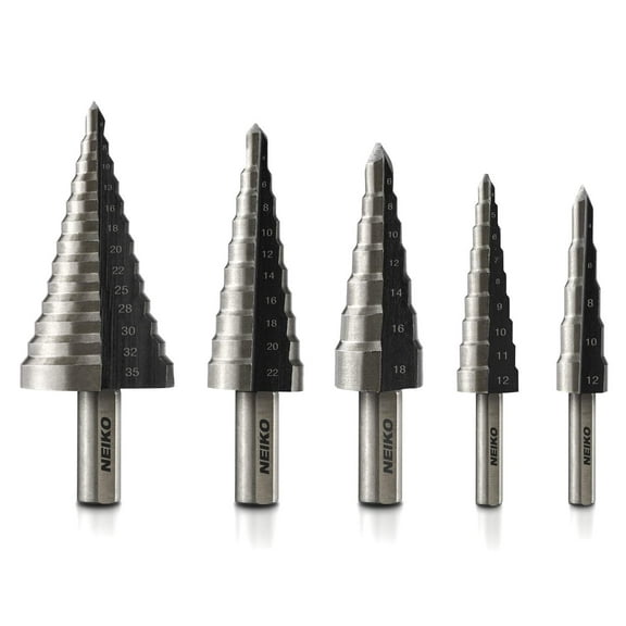 NEIKO 10198A Step Drill Bit Set | 5 Piece, 4mm- 35mm | Metric Titanium High Speed Steel Unibit, Stepper Cone Drill Bit | Two Flute Step Down Bits, 135 Degree Point