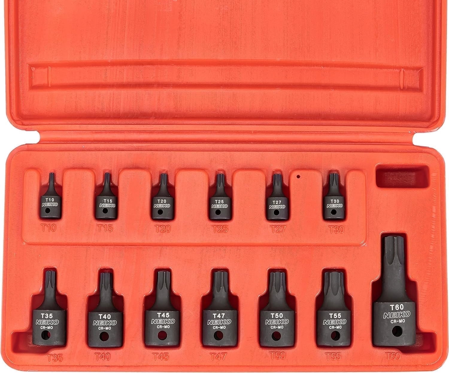 NEIKO 10281B Impact Torx Bit Socket Set, 1/4", 3/8", 1/2" Drive, 6 Point Star Sockets, Heavy Duty Impact Grade Cr-Mo, T10 to T60 High Impact, Professional Grade Auto & Motorcycle Mechanic Socket Set