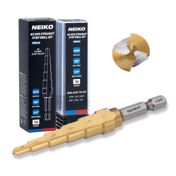 NEIKO 10604A Step Drill Bit, 6 Steps 3/16" to 1/2" Straight High Speed Steel, Titanium Nitride Coated, 1/4" Quick Change Step Bits for Steel, Metal, Wood, Plastic, Unibit Cone Drill Bits, Two Flute
