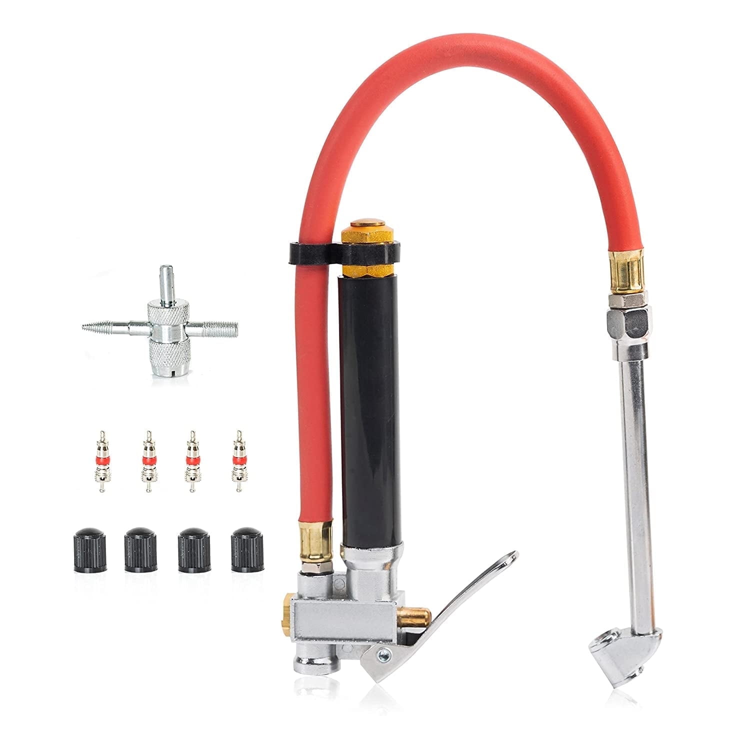 NEIKO 20701A Tire Inflator | 12 Inch | Flexible Air Tire Pressure Gauge | 20  120 PSI | 1/4 NPT Offset Dual Head Chuck | Tire Filler with Hose | Aluminum Body and Brass Valves | Stem Valve Caps