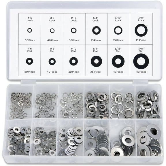 NEIKO 50400A Stainless Steel Lock and Flat Washer Assortment | 350 Piece Set | 12 Different Sizes in Spring Lock and Flat Design | Prevent Loose Fasteners