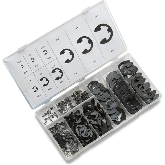 NEIKO 50455A E-Clip Assortment Set | 300 PCS, 9 SAE Sizes, Heat Treated External Retaining Clips, 1/16" - 7/8 Inch | High Carbon Steel Circlip Kit, Anti Walk Washers, Retaining Rings