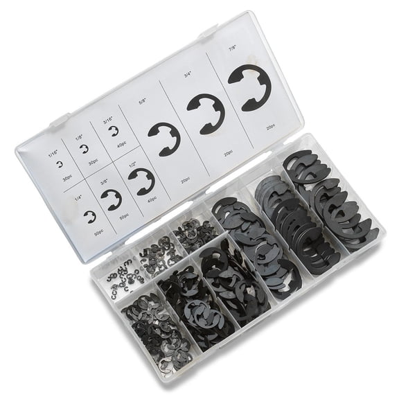 NEIKO 50455A E-Clip Assortment Set | 300 PCS, 9 SAE Sizes, Heat Treated External Retaining Clips, 1/16" - 7/8 Inch | High Carbon Steel Circlip Kit, Anti Walk Washers, Retaining Rings