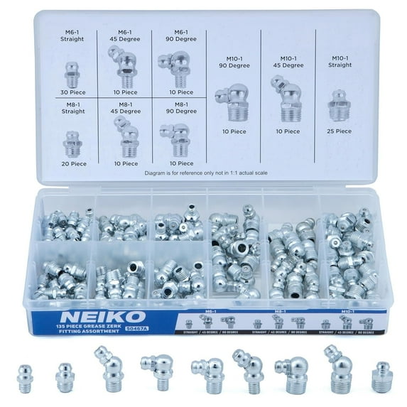 NEIKO 50467A Grease Fitting Assortment, 135 Piece, Metric, Straight & Angled Zerk Grease Fittings Kit, Zinc Plated A3 Steel, Angled Grease Guns, Mechanical Component Lubrication, M6-1, M8-1 & M10-1.5
