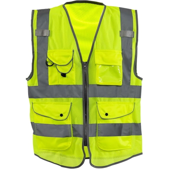 NEIKO Safety Vest with Pockets, 9 Pocket, High Visibility Vest, Reflective Strips, Zipper Front, Reflective Vest For Men & Women, Work Vest, Security Vest, Hi Vis Mesh Neon Yellow Vest Large 54061A