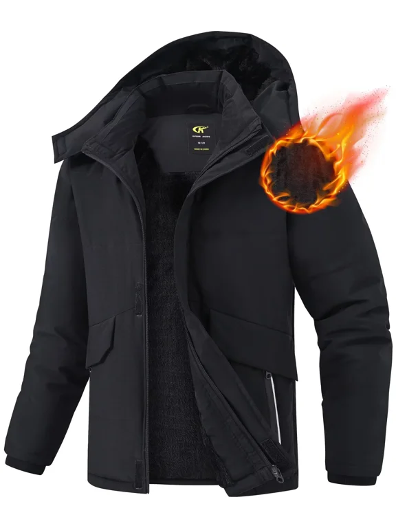 Boys Winter Jacket Waterproof Fleece Lined Hooded Winter Puffy Cotton Coat Outdoor Jacket Black 8-9Y
