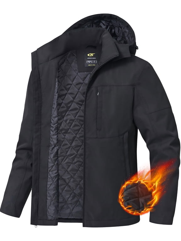 Men's Winter Coat Hooded Work Jacket, Warm Quilted Cotton Lined Outdoor Heavy Duty Outerwear Coat Black L