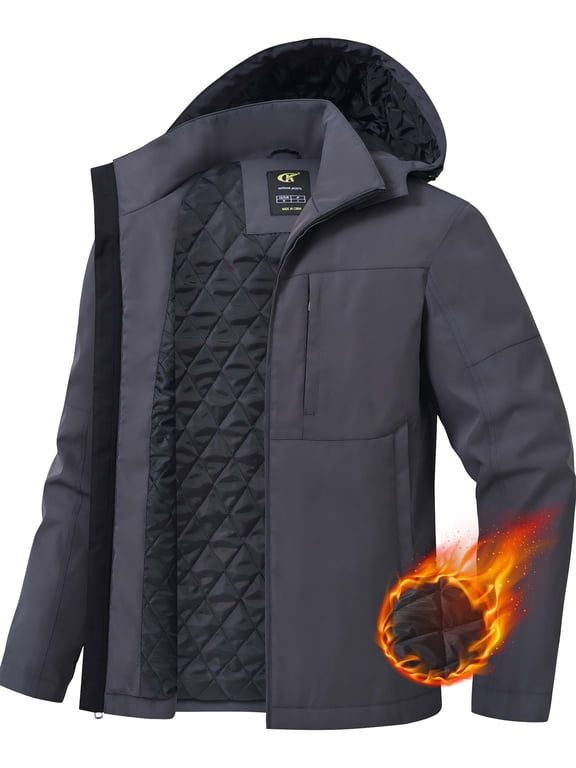 Men's Winter Coat Hooded Work Jacket, Warm Quilted Cotton Lined Outdoor Heavy Duty Outerwear Coat Gray L