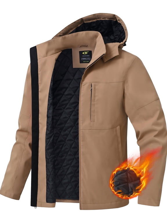 Men's Winter Coat Hooded Work Jacket, Warm Quilted Cotton Lined Outdoor Heavy Duty Outerwear Coat Khaki 2XL