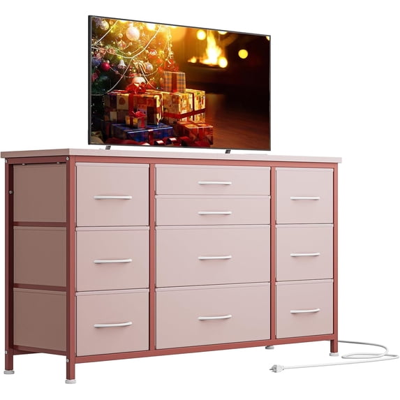 NEILA 10-Drawer Pink Wide Storage Dresser - Stylish 55-Inch TV Stand with Integrated Power Outlet and Durable Metal Frame for Bedroom and Living Room