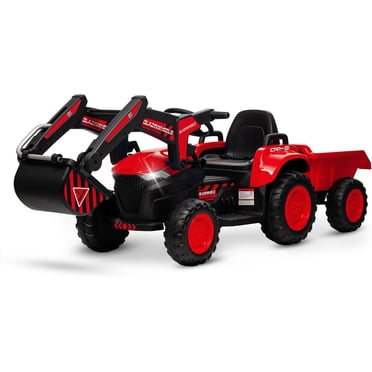 NEILA 12V Kids 3-in-1 Ride-On Excavator & Tractor with Detachable Trailer – Electric Digger Toy with Remote Control, LED Lights, Music, and More for Boys & Girls,Red