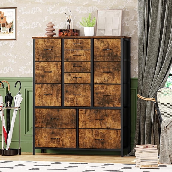 NEILA 15-Drawers Dresser for Bedroom Tall Chest of Drawers, Metal Frame,Wood Tabletop & Fabric Drawers Storage Organizer,Sturdy and Durable Cabinet for Hallway, Entryway,Living Room,Rustic Brown