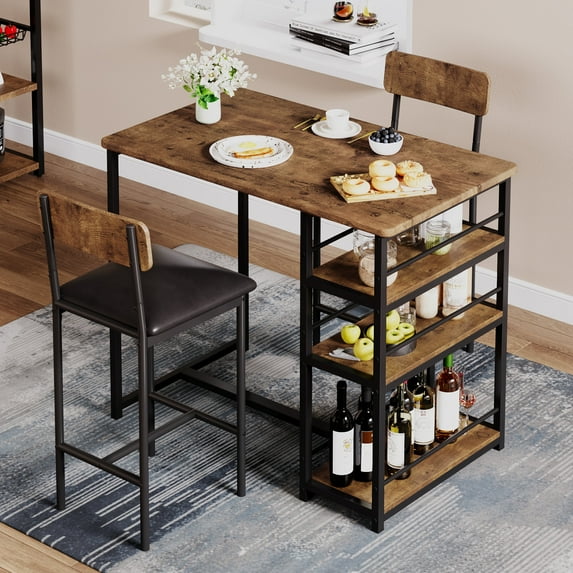 NEILA 3 Piece Dining Set for 2 , Bar Table and 2 Height Upholstered Chairs Wood Top Dinette Breakfast Home Furniture for Small Space , Kitchen , Apartment , Dining Room , Rustic Brown