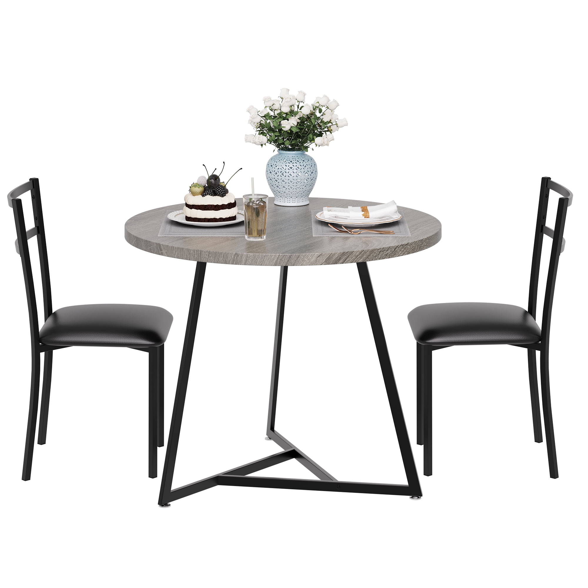 NEILA 3 Piece Dining Set for 2, Round Table, 2 PU Leather Chairs