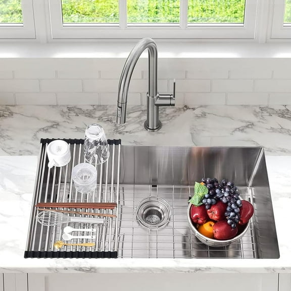 NEILA 32 inch Undermount Single Bowl Kitchen Sink, 32 x 19 x 10 inch, Deep Handmade Workstation Under Counter, Stainless Steel Bar Sink with Built-in Accessories, with Basket Strainer