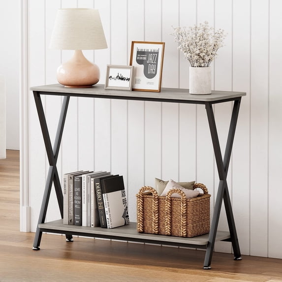 NEILA 33.5” Console Table, Sofa Tables Narrow Entryway Table, Shelf and Metal Frame,Behind Couch Table Industrial Hallway Table for Living Room, Bedroom, Foyer,Grey