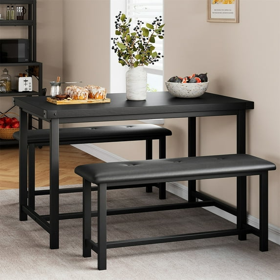 NEILA 4 Pcs Dining Table Set,Dining Table Set for 4,Kitchen Table with 2 Long Upholstered Benches,Industrial Style Kitchen Dining Table Set for Small Space, Apartment,Home