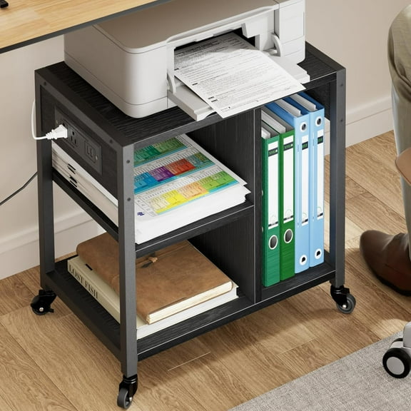 NEILA 4 Tier Under Desk Printer Stand with Wheels - Mobile Printer Cart with Power Outlets, Storage Shelf, Rolling Design for Home Office, Retro Black