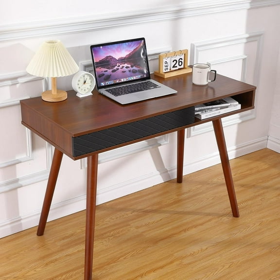 NEILA 42 Inch Mid Century Home Office Writing Desk, Modern Simple Computer Desk with Drawer and Open Storage Cubby, Small Vanity Table Desk for Bedroom,Brown