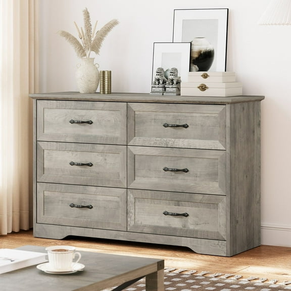 NEILA 6-Drawer Dresser for Bedroom Chest of Drawers Nightstand Storage Organizer Wooden Cabinet for Living Room,Grey