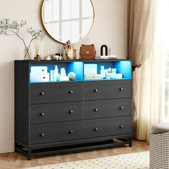 NEILA 6 Drawers Double Dresser for Bedroom,Dresser TV Stand with Power Outlet & LED Light,Large Capacity Chest of Drawers Dresser for Bedroom,Hallway,Entryway