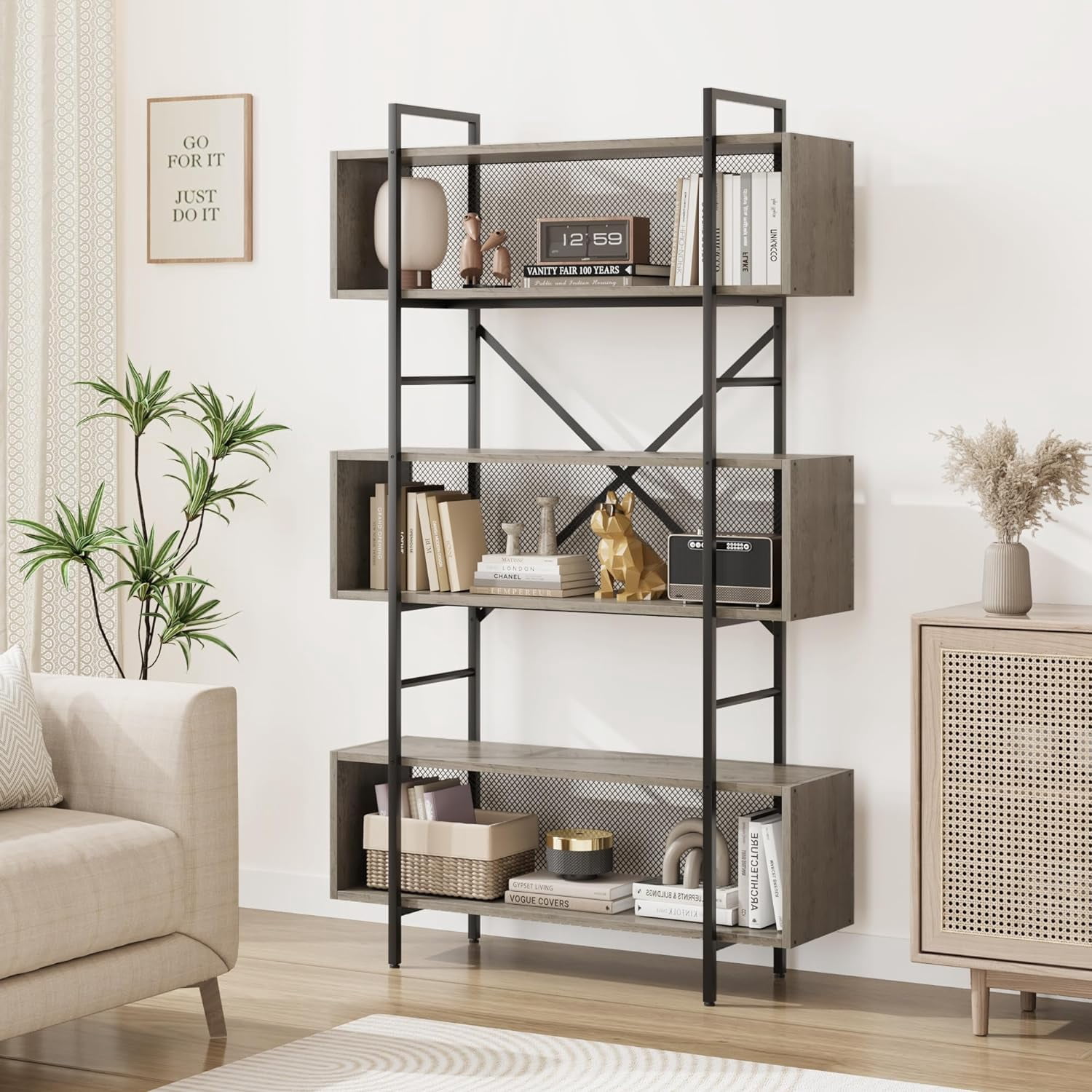 NEILA 6 Tier Bookshelf with Metal Mesh, 71.3-Inch Tall Industrial Book ...
