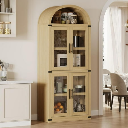 NEILA Arched Bookshelf with Doors - Glass Doors - 15.83 inches deep by 71.4 inches tall rustic ambiance premium wood display cabinet for living room, kitchen and office,Glass Door_Oak