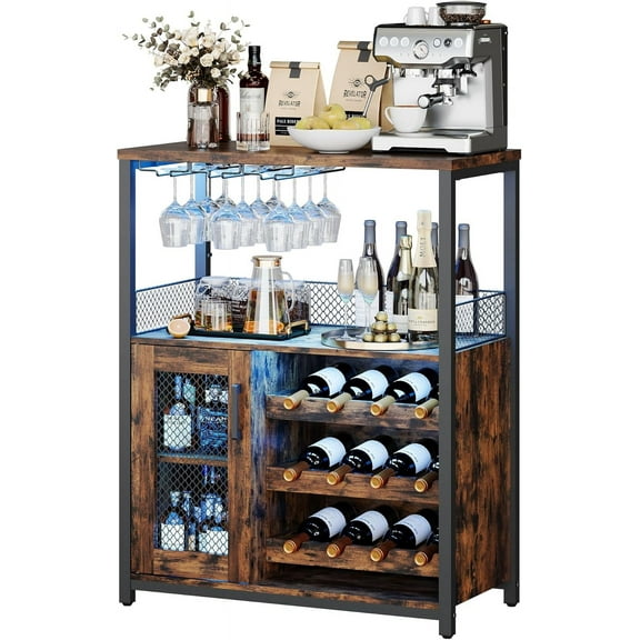 NEILA Bar Cabinet with LED Lights – Removable Wine Storage Cabinet, Industrial Sideboard and Buffet with Glass Tray and Mesh Doors,Vintage Color with Light