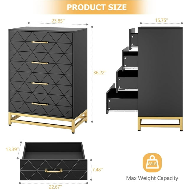 NEILA Black Elegant 4-Drawer Wood Dresser – Stylish Storage Chest with Wide Drawers and Gold Handles for Bedroom, Living Room, and Hallway
