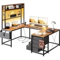 thumbnail image 1 of NEILA Brown U-Shaped Desk with Power Outlets & RGB LED Lights – 79" Reversible L-Shaped Computer Desk with Drawers, Monitor Stand, Storage Shelves – Perfect for Home Office, Gaming, and Work, 1 of 8