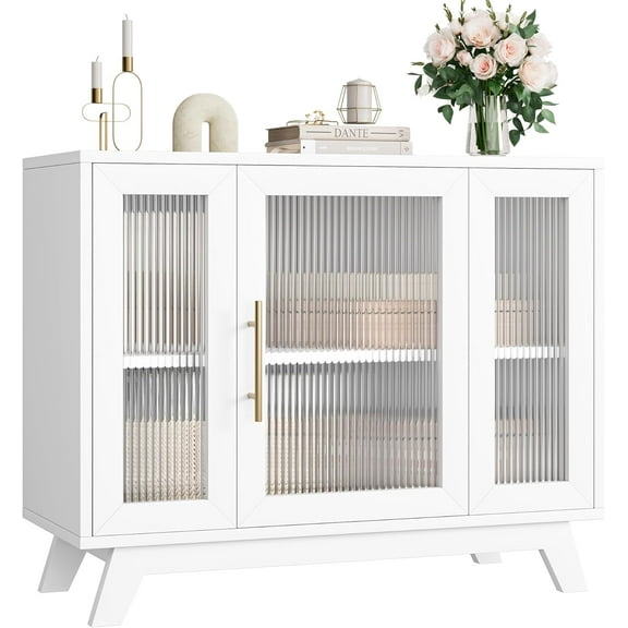 NEILA Buffet Storage Cabinet with Fluted Glass Door, 36" Modern Sideboard Cabinet with 2-Tier Storage, White Accent Cabinet for Kitchen Dining Living Room (White Top)