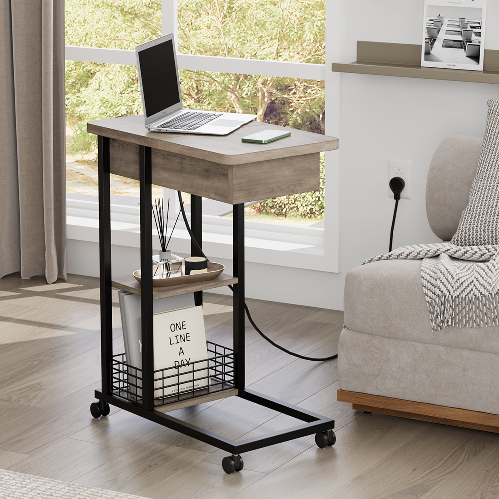NEILA C Shaped Side Table,End Table with Charging Station, Flip Top