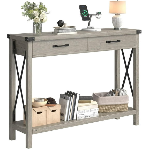 NEILA Console Table with 2 Storage Drawers, Entryway Table, Farmhouse Narrow Sofa Table with Storage Shelf, Accent Wood Table for Bedroom, Living Room, Hallway, Foyer, 43"L x 12"W x 30"H (Grey)