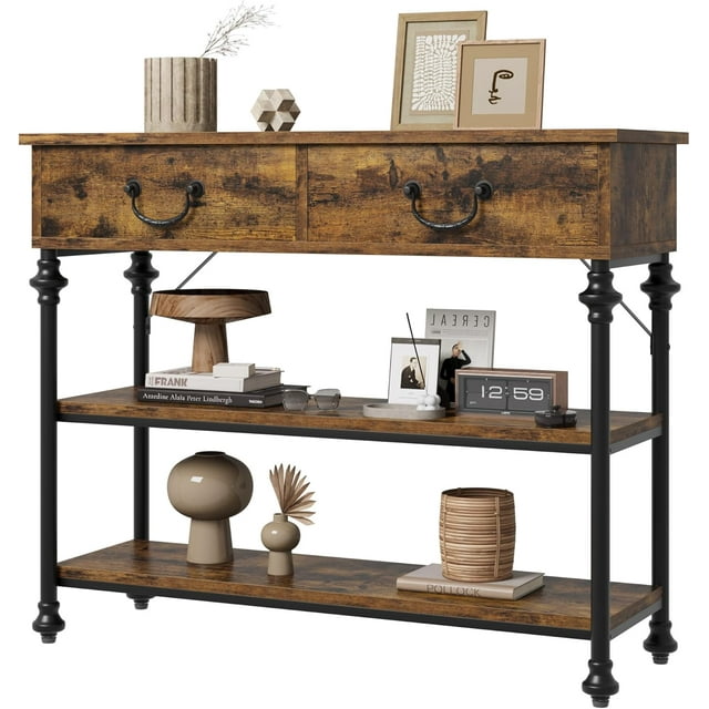 NEILA Console Tables for Entryway, Small Entryway Table with 2 Drawers, Narrow Console Table with Storage Shelves for Living Room, Hallway Table, Sofa Table, Rustic Brown