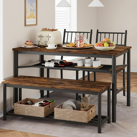 NEILA Dining Table Set for 4, Kitchen Table and 2 Chairs with Storage Bench, 47.2" Rectangular Kitchen Table Set with Wine Rack, Dining Room Table Set for Small Space, Apartment, Rustic Brown