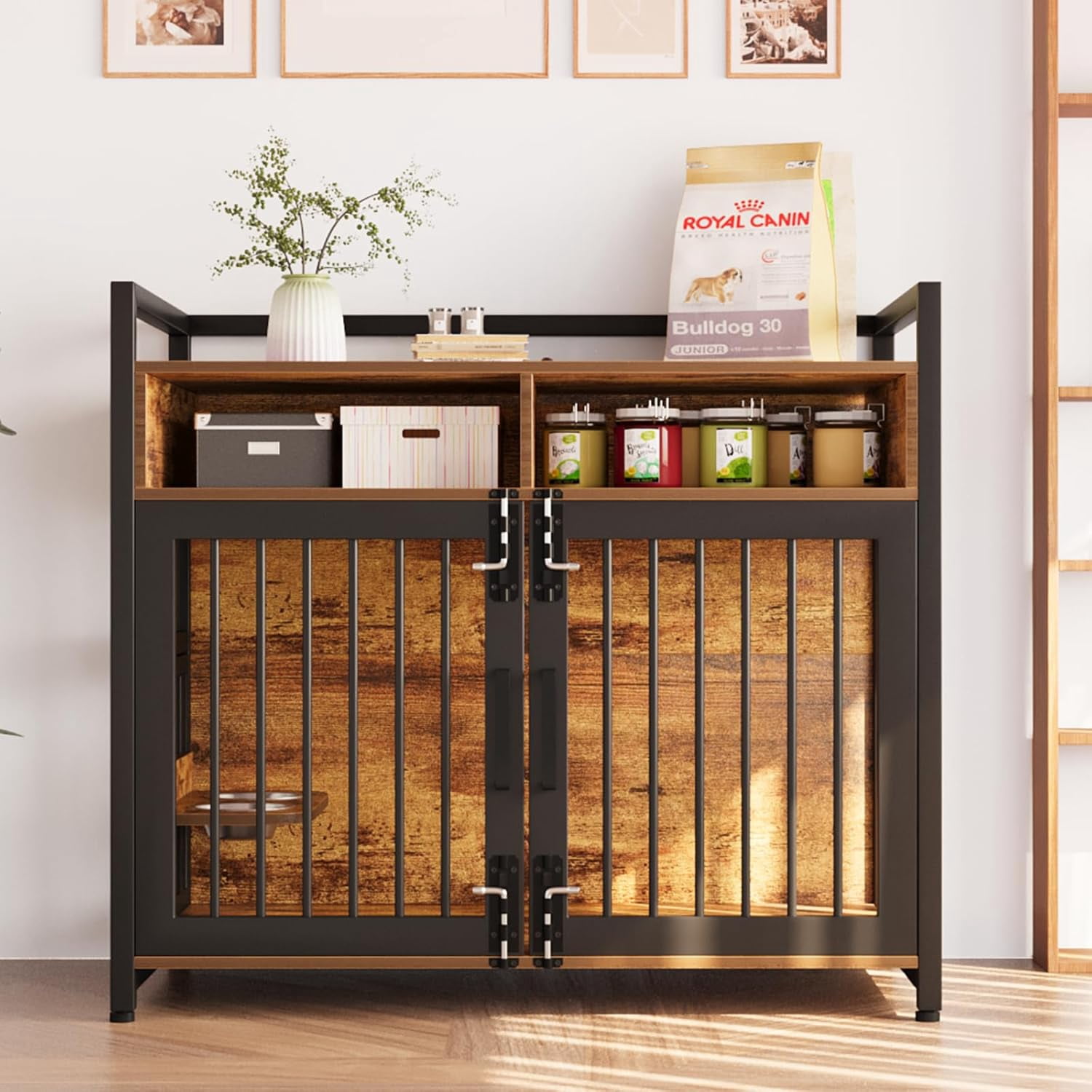 NEILA Dog Crate Furniture,41 Inch Heavy Duty Dog Kennel with 2 Drawers End Table, Wooden Dog Cage Indoor Dog House Pet Crate Table with 360°and Adjustable Raised Feeder 41inch