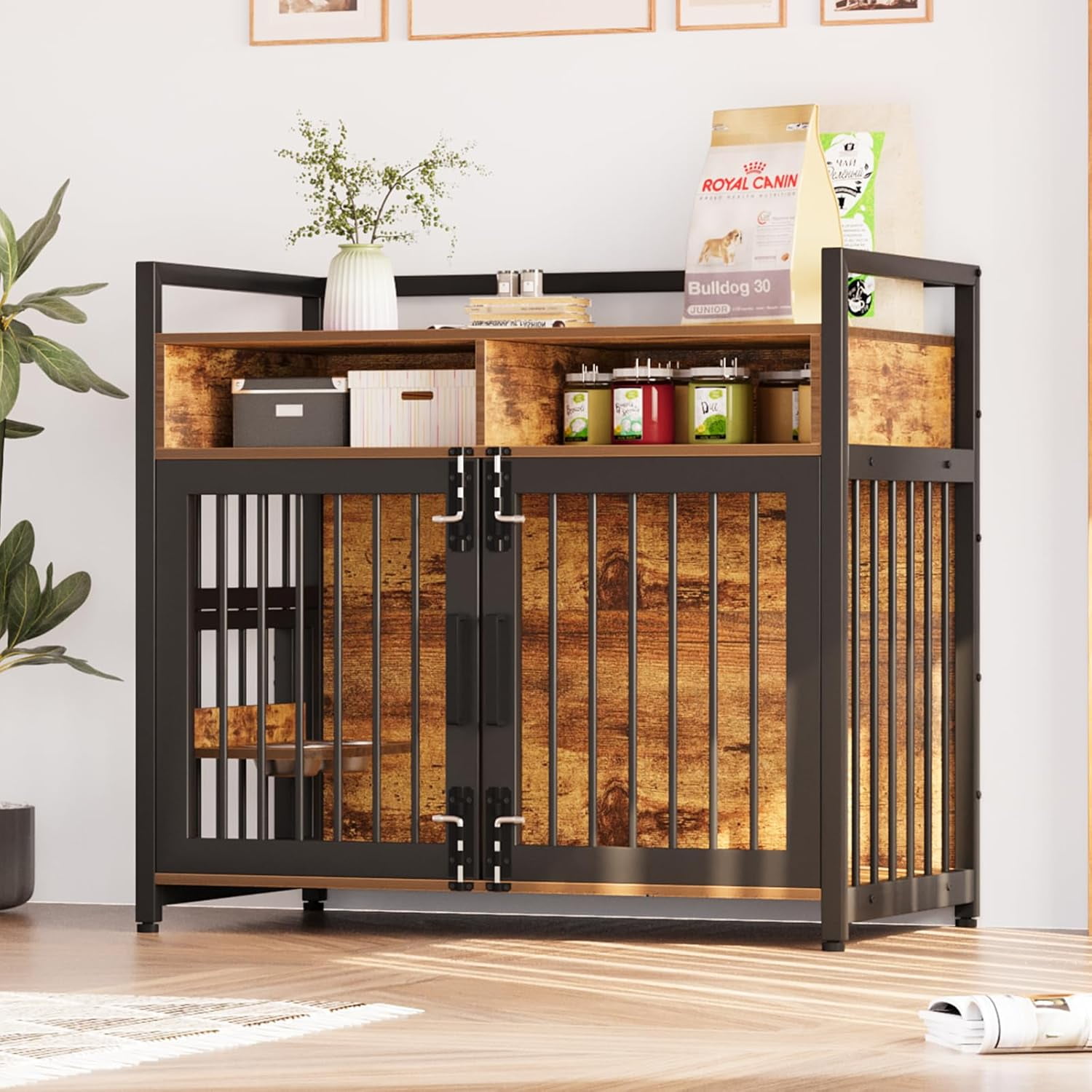 NEILA Dog Crate Furniture,48 Inch Heavy Duty Dog Kennel with 2 Drawers End Table, Wooden Dog Cage Indoor Dog House Pet Crate Table with 360°and Adjustable Raised Feeder 48inch