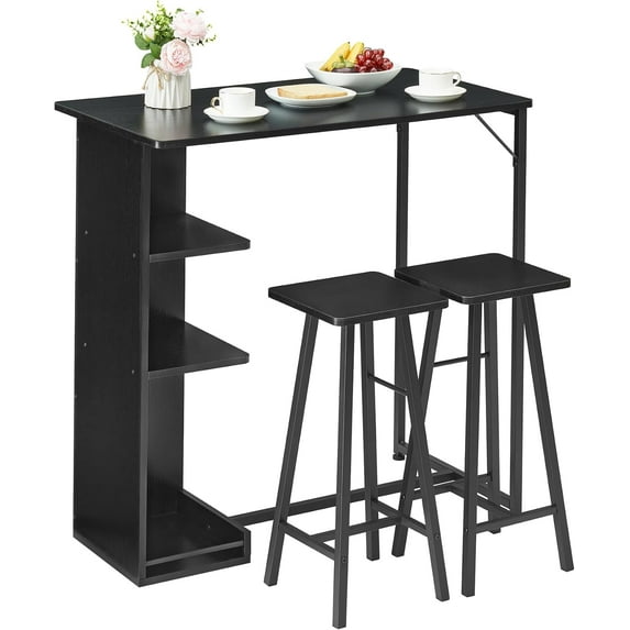 NEILA Dual-Purpose Bar Table Set - Compact 3-Piece Dining and Work Area with Storage Shelves, Includes 2 Stools for Small Spaces, Black
