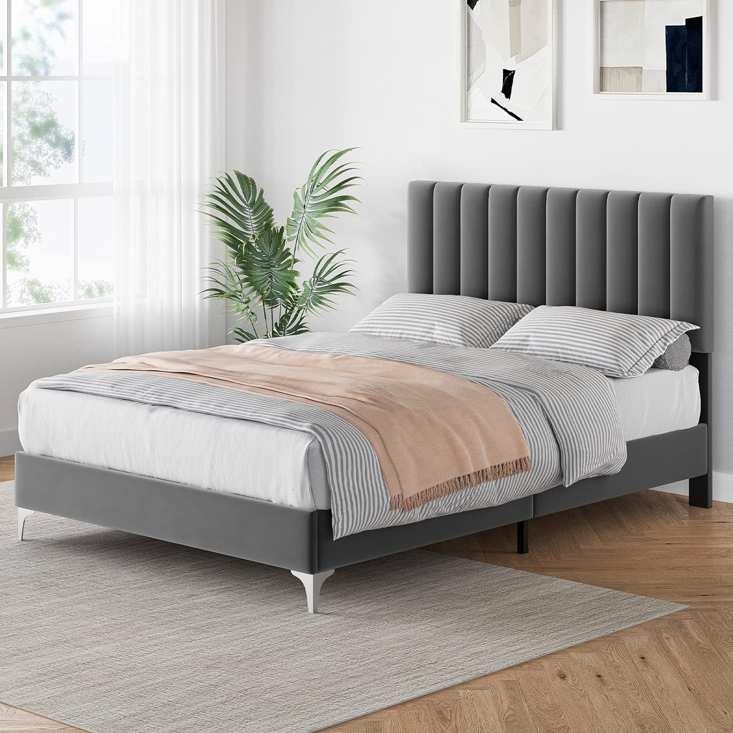 NEILA Elegant Queen Size Velvet Platform Bed Frame with Plush Wingback ...