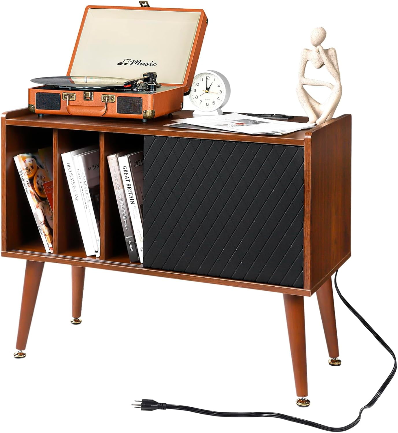 Mid-Century Brown Wood Record Player Stand with Charging Station