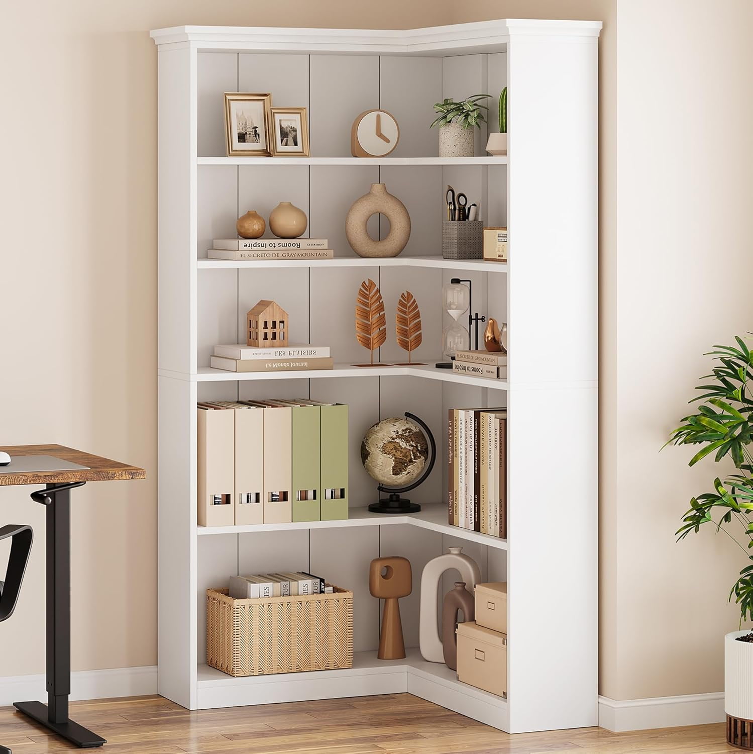 NEILA Farmhouse Corner Bookshelf – 72.8” Tall L-Shaped Bookcase with 5 Tiers, Wood Display Rack for Office and Bedroom,Panel Design in White